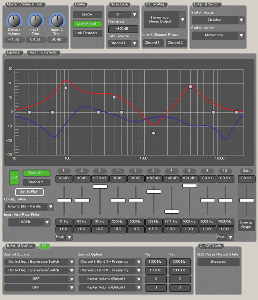 Source Audio／EQ2 Programmable EqualizerのPC用コントロール画面。