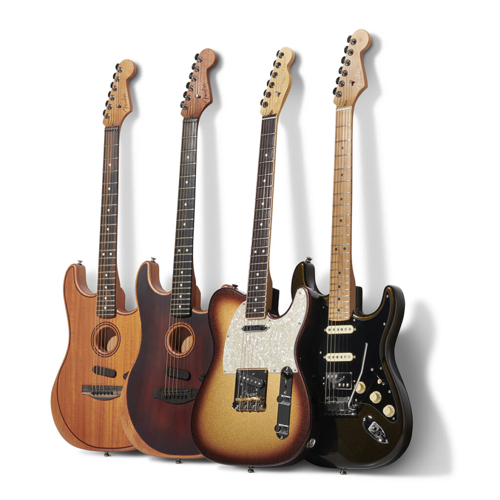 Fender Mod Shopで作られたアコスタソニック・ストラトキャスター2本と、テレキャスター、ストラトキャスター