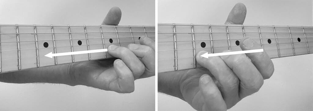 スライドのスタート地点からゴール地点まで、弦を押さえたままで指を横移動させるが、微妙な力の抜き具合も必要。