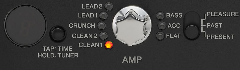 LEDディスプレイ、TAP/TUNERボタン、AMPノブ、AMPスイッチ
