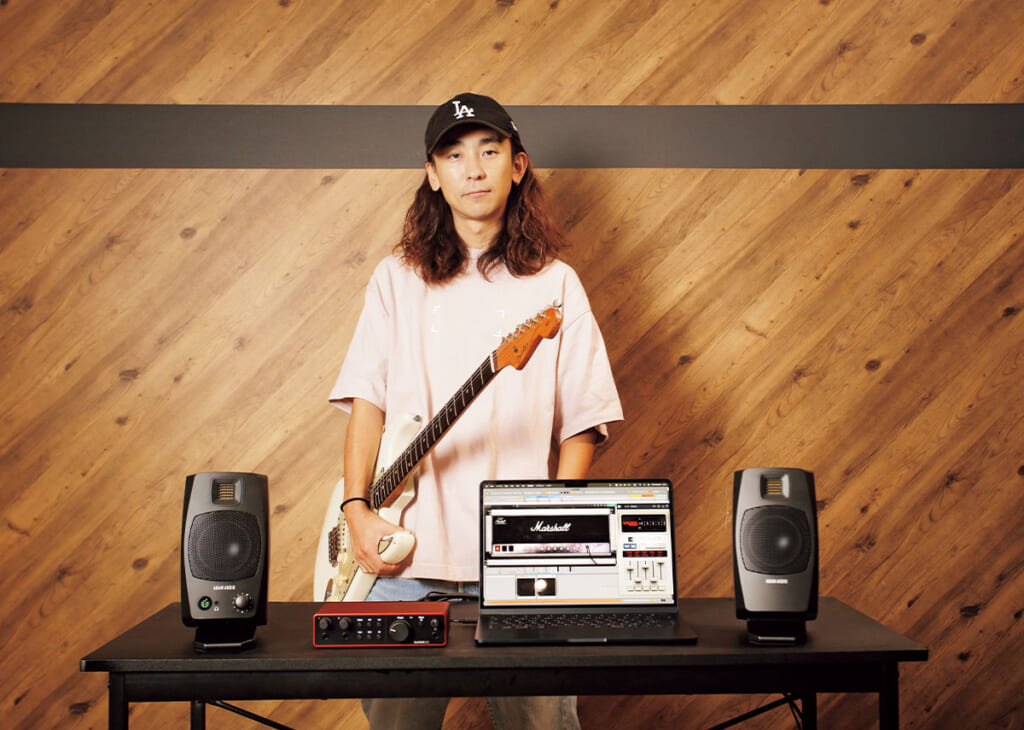 磯貝一樹と今回試奏した機材