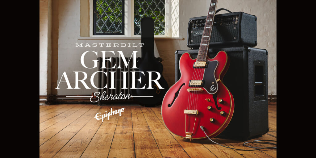 エピフォンより、オアシスのゲム・アーチャーの名を冠した“Masterbilt Gem Archer Sheraton”が登場