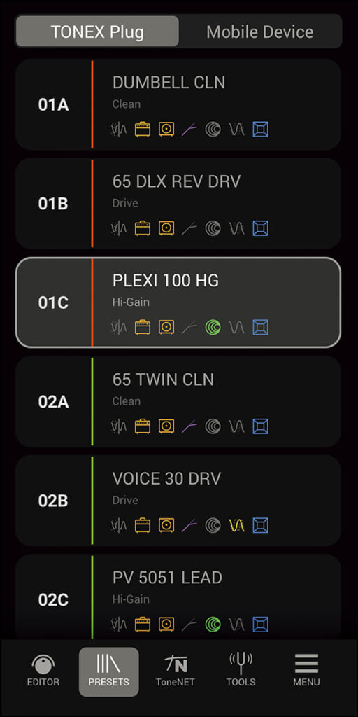 “TONEX Control”のプリセットの管理画面