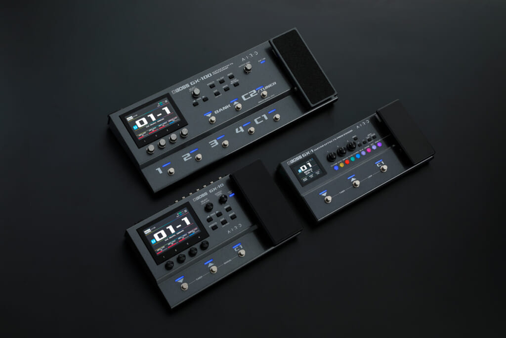 BOSSのGXファミリー。上がGX-100、左下がGX-10、右下が新製品のGX-1