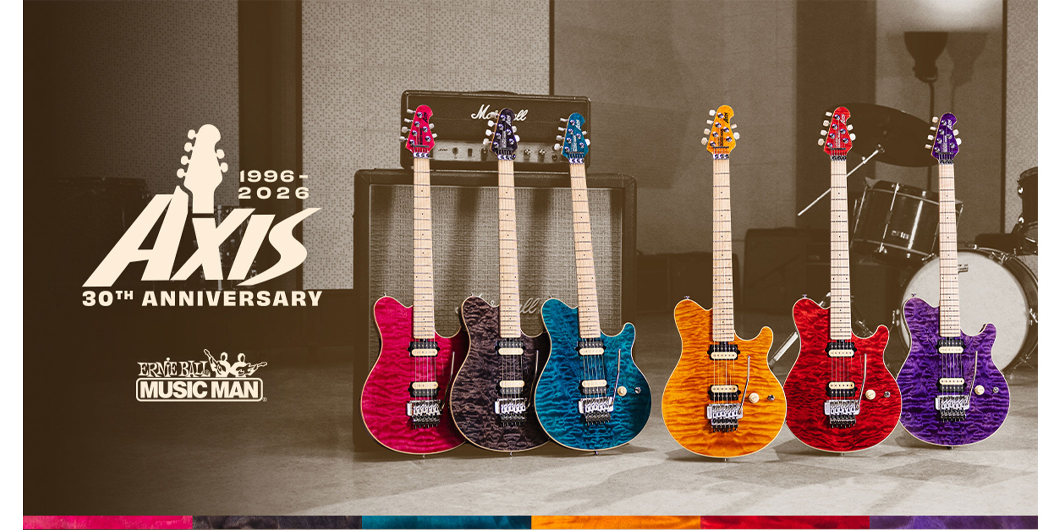 Music Man Axisの30周年を記念した限定コレクション〜キルト・メイプル・トップ、6種のハンドステイン・トランスルーセント・カラーを採用