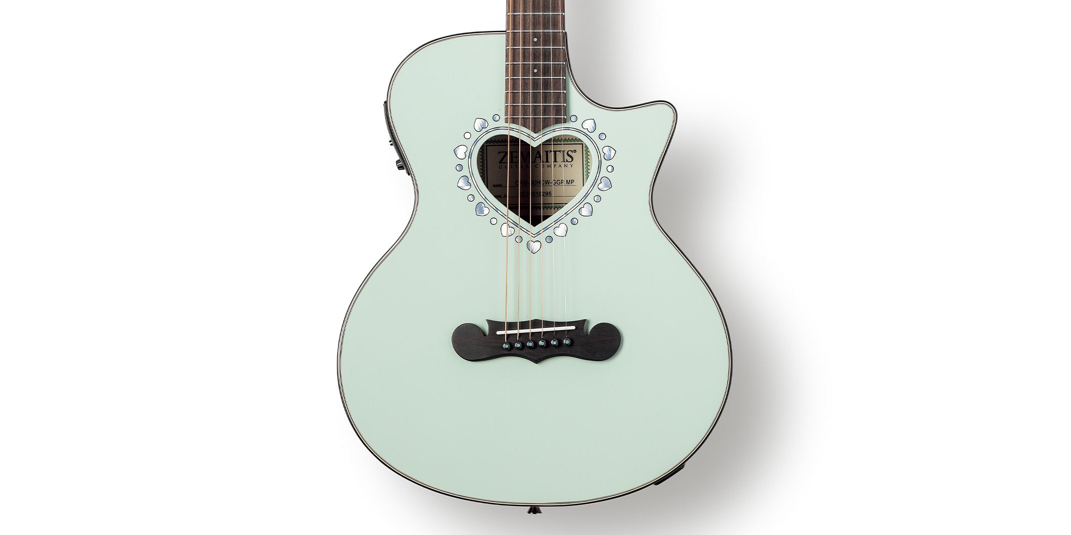 ZEMAITIS／CAM-90HCW GLOSS GREEN MOTHER OF PEARL〜プリアンプ搭載の本格仕様！　色味もキュートなミニ・エレアコ