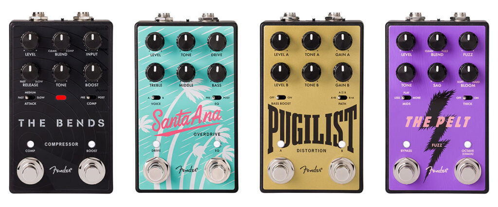 左から、The Bends Compressor V2、Santa Ana Overdrive V2、Pugilist Distortion V2、The Pelt Fuzz V2。