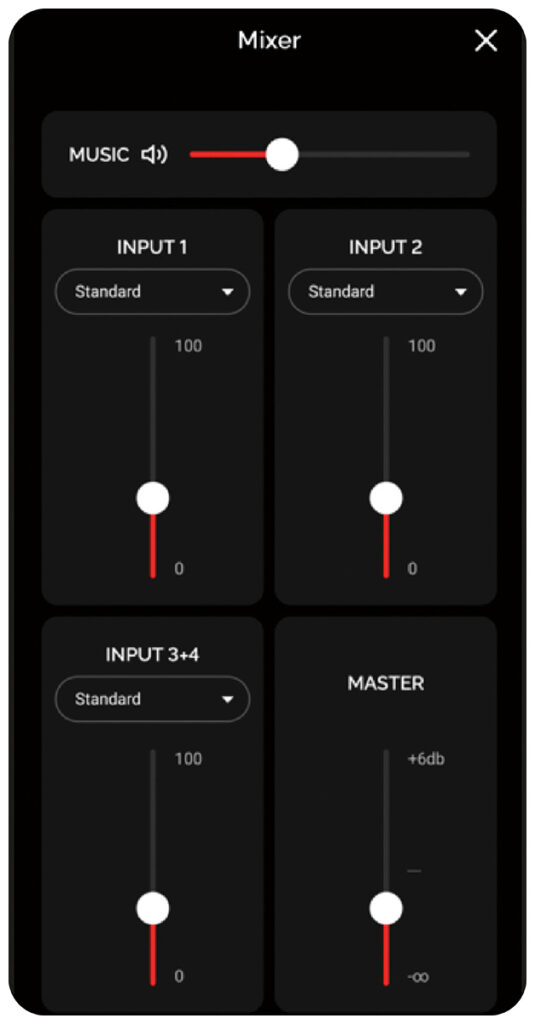Spark Appのミキサー画面。各入力チャンネルとミュージック再生の音量を調整できるので、複数の楽器を使ったパフォーマンスでもバランスを取りやすい。