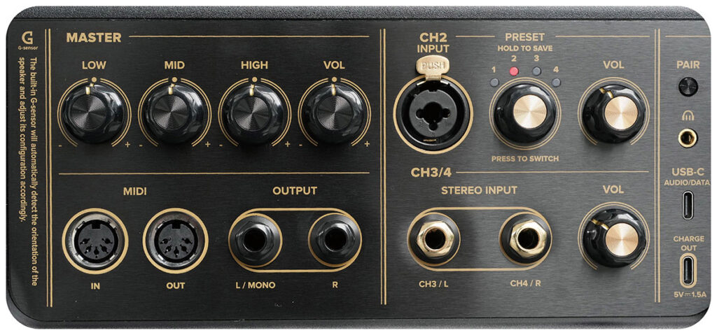 ラインアウト、ヘッドフォン端子、MIDI IN、USB-Cなどを備えているので、PAスピーカーとして、さまざまな外部機器を柔軟に接続することが可能。